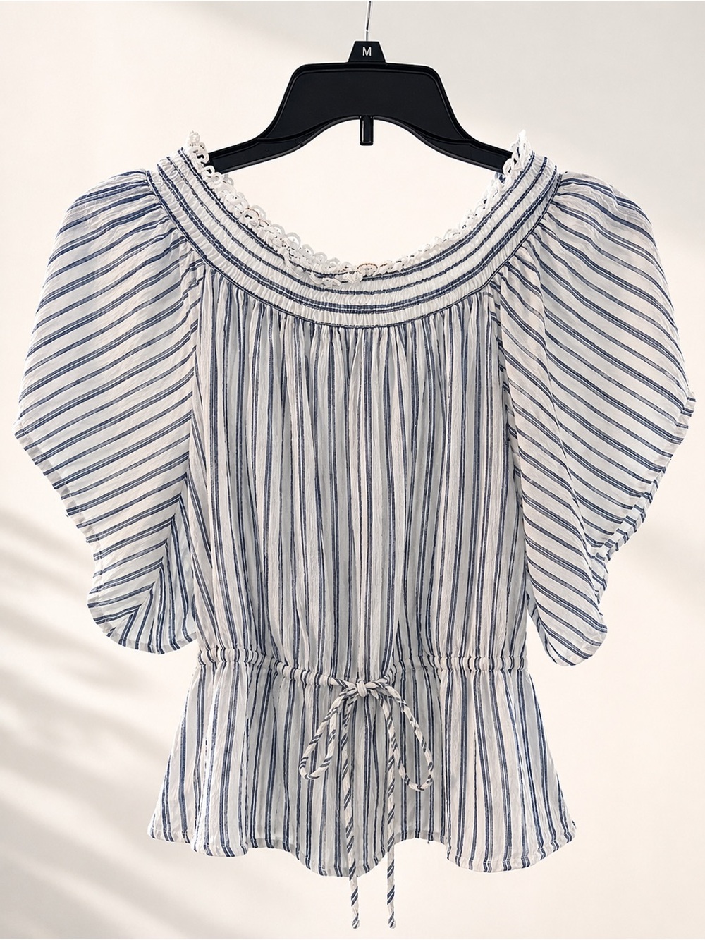 Y2K Abercrombie & Fitch White and Navy Striped Peasant Top